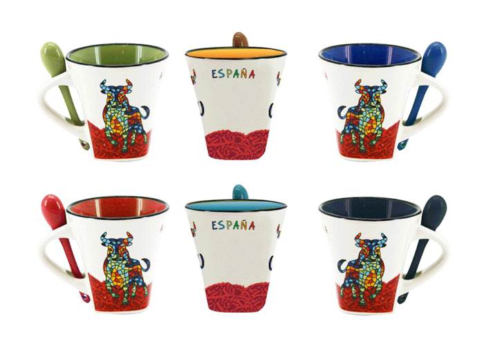6 Coffee Mugs with a Teaspoon. Trencadis Gaudí Fighting Bull By Olé Mosaic